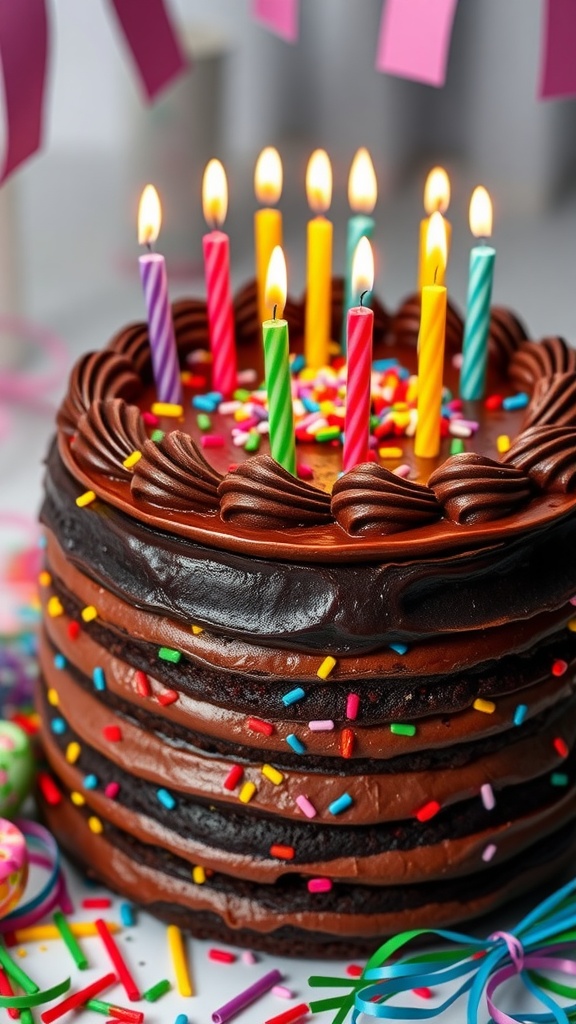 Chocolate birthday cake with sprinkles and candles, ready for a celebration.